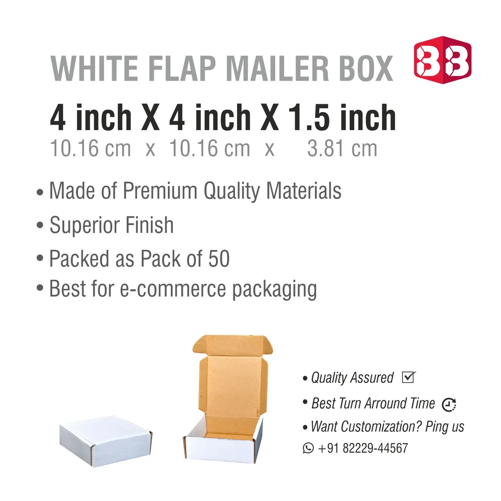 Box Brother 3 Ply White Flap Corrugated Box – Size 4x4x1.5 Inch | Perfect Mini Packaging Box for Secure & Stylish Shipping