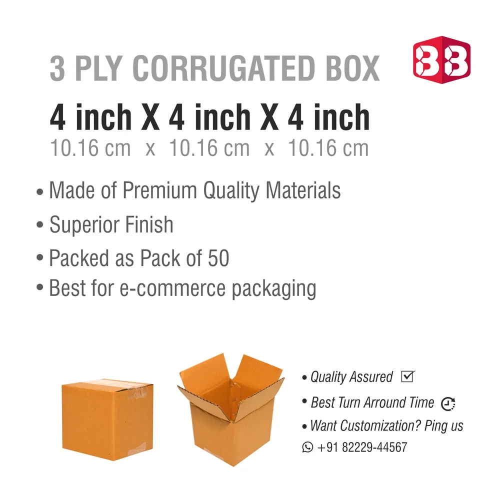 4x4x4 Inch 3-Ply Brown Corrugated Box – Sturdy, Recyclable, and Ideal for E-Commerce Packaging & Shipping.