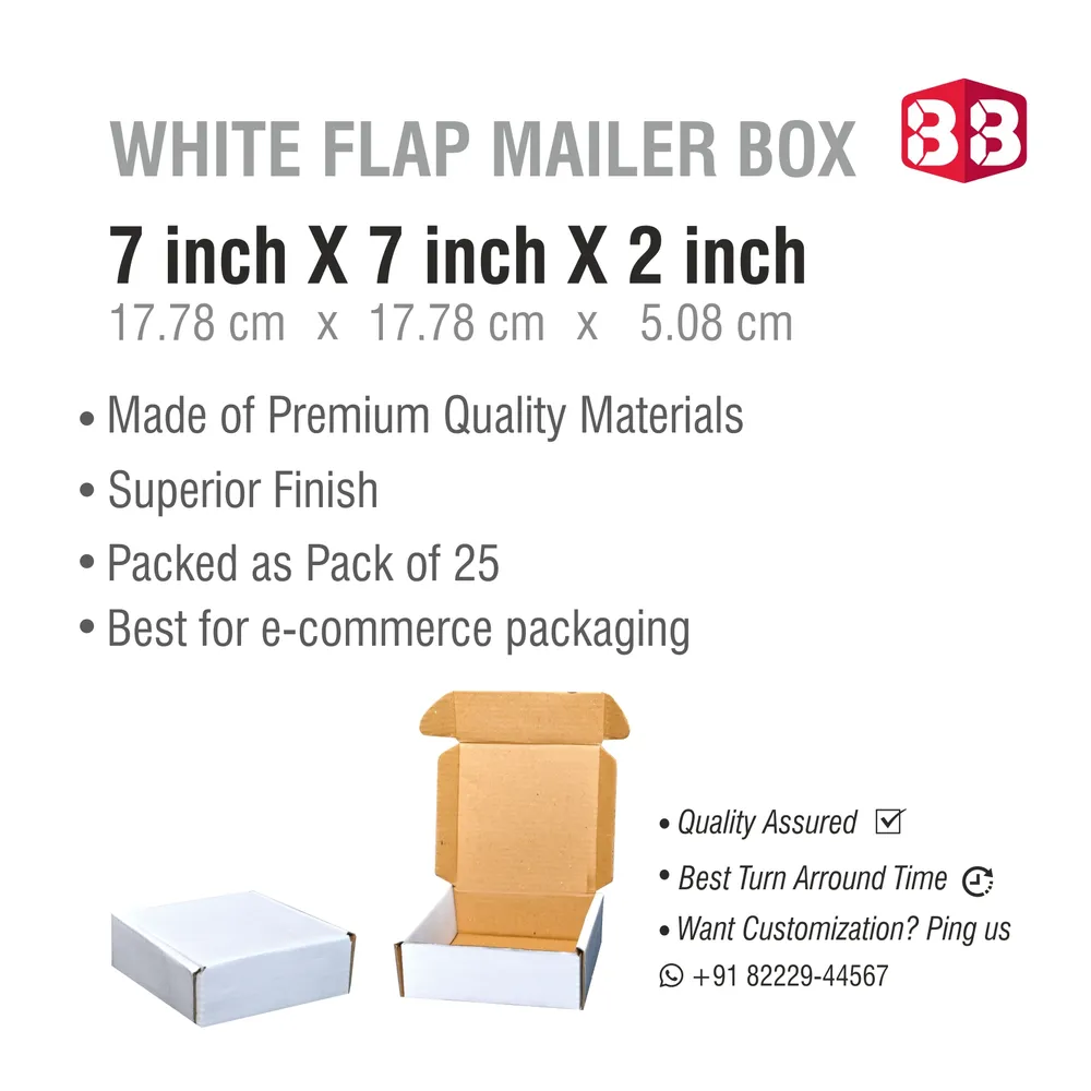 3 Ply White Flap Corrugated Box 7x7x2 inch – Sturdy packaging for gifts, cosmetics, and small products