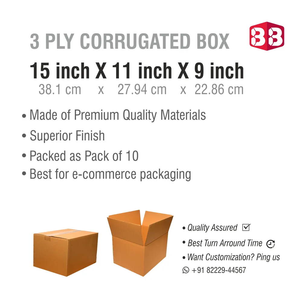 Box Brother 15x11x9 Inch Corrugated Box – 3 Ply Heavy-Duty Carton for Bulk Shipping