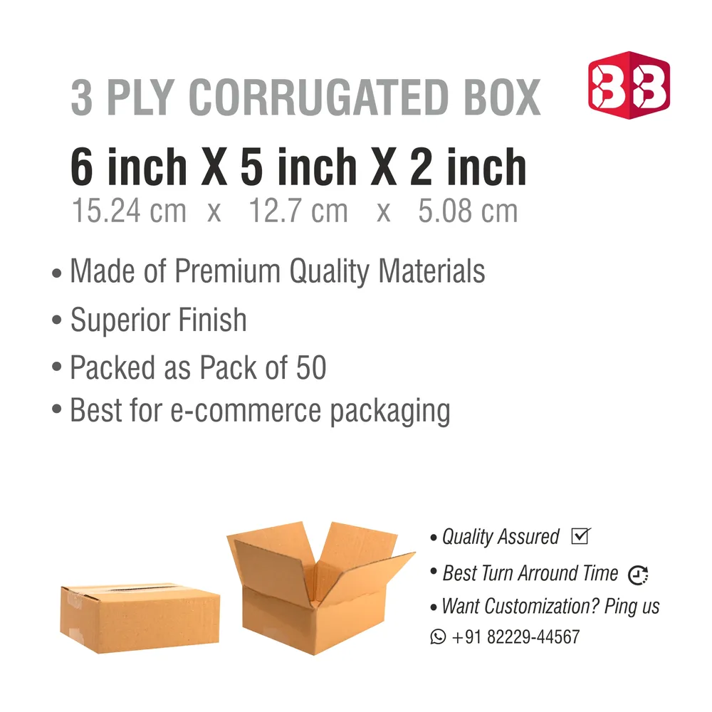 3 Ply Brown Corrugated Carton Box 6x5x2 Inch for Ecommerce & Courier
