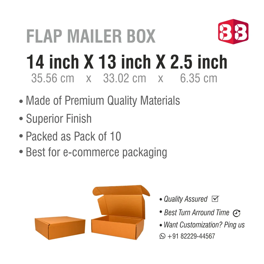 14x13x2.5 Inch Brown Corrugated Flap Box – Wide Kraft Box for Shirts, Calendars & Gift Packaging