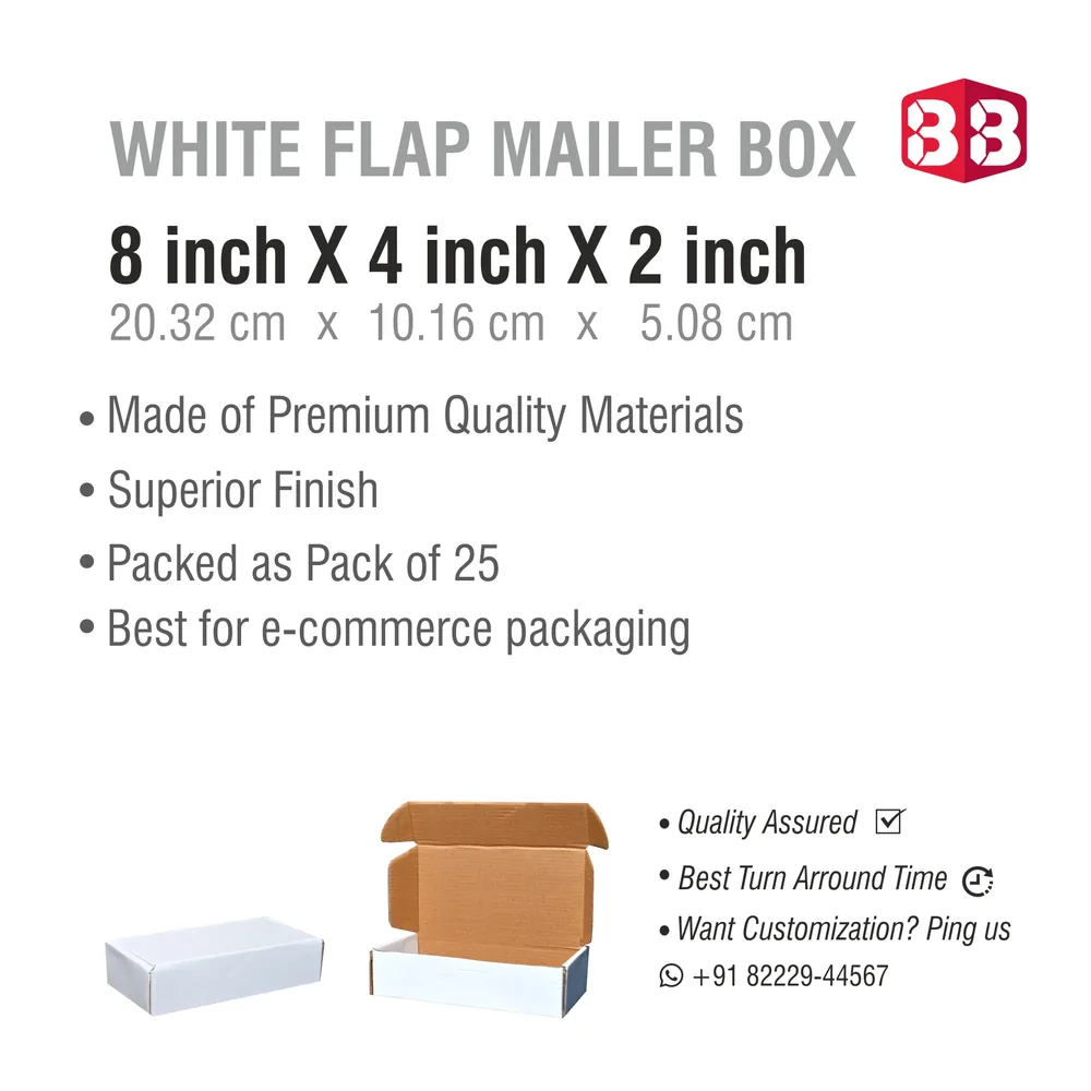 3 Ply White Flap Corrugated Box 8x4x2 inch – Durable box for shipping cosmetics, accessories, and gift items