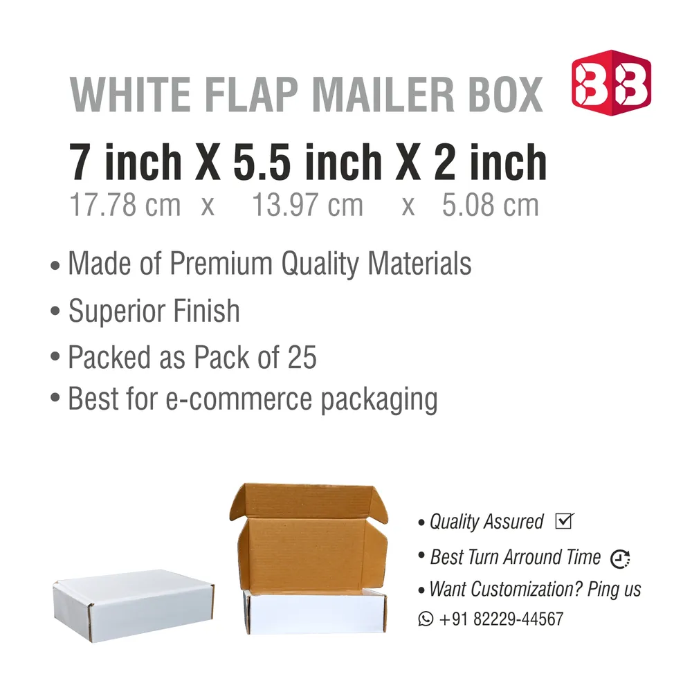 3 Ply White Flap Corrugated Box 7x5.5x2 inch – Ideal for shipping gifts, cosmetics, and small items