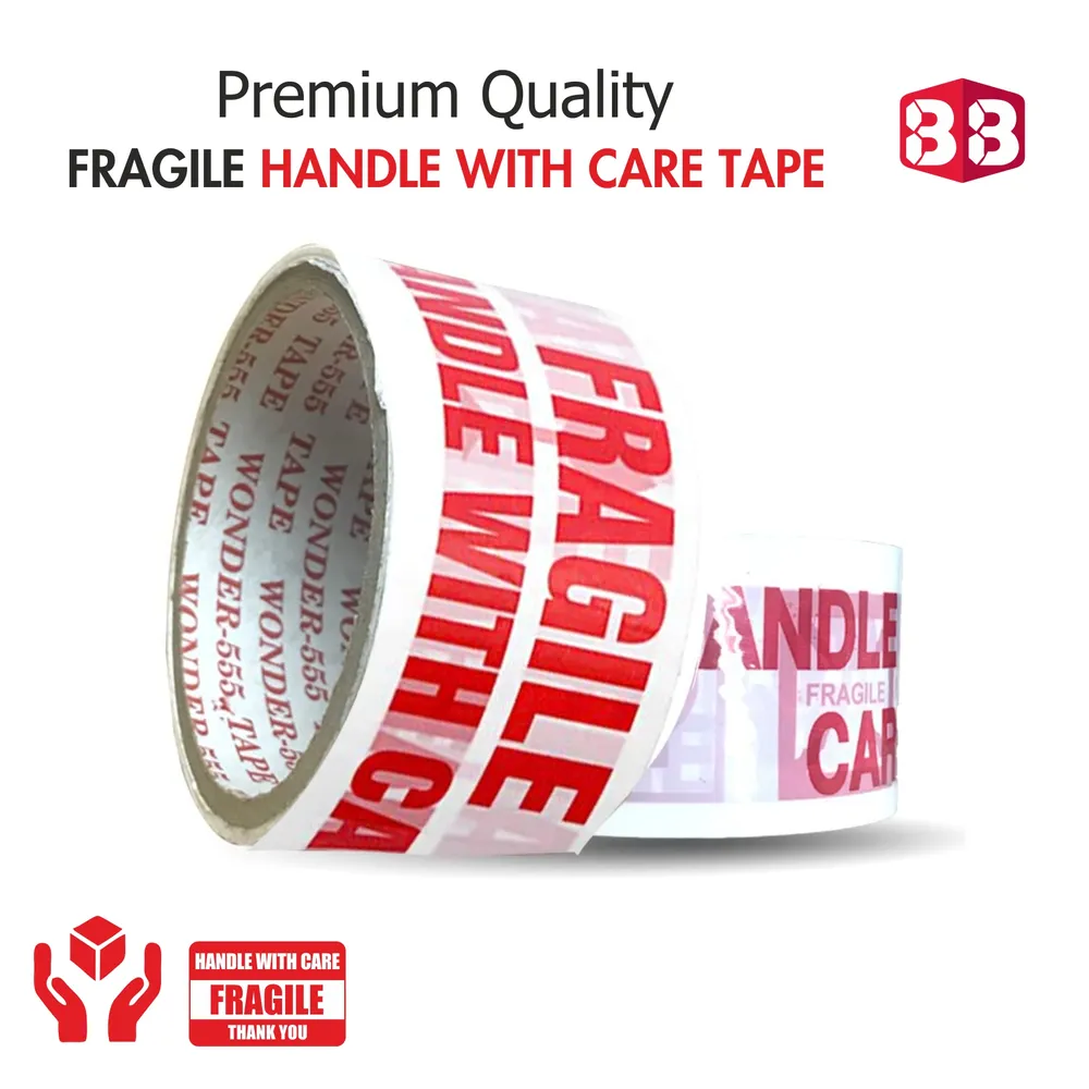 Box Brother Handle with Care Fragile Printed Packaging Tape - 2 Inch 48mm Width, 60M Cello Tape Roll
