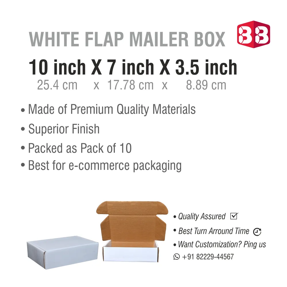 Box Brother 3 Ply White Corrugated Flap Box Size 10x7x3.5 Inch | Heavy-Duty Kraft Box for Apparel, Gifts & Courier Shipping