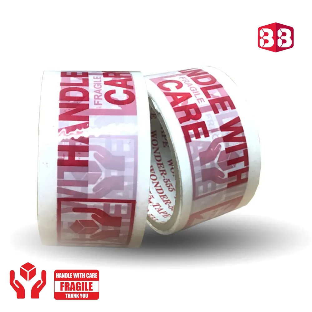 Box Brother Handle with Care Fragile Printed Packaging Tape - 2 Inch 48mm Width, 60M Cello Tape Roll