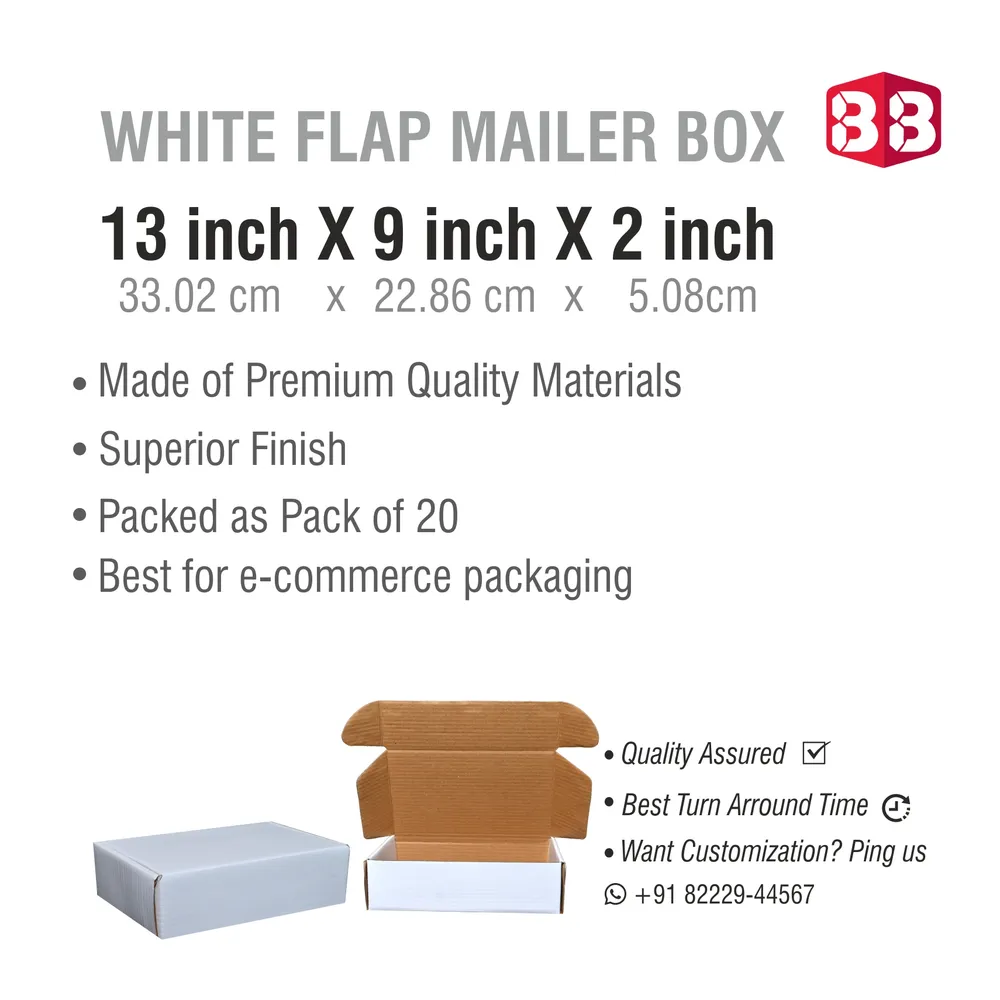 3 Ply White Flap Corrugated Box 13x9x2 inch – Spacious packaging for documents, apparel, and gift items